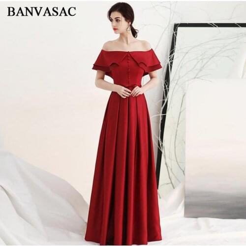 BANVASAC Elegant Boat Neck Buttons A Line Long Evening Dresses Party Short Sleeve Bow Sash Backless Prom Gowns