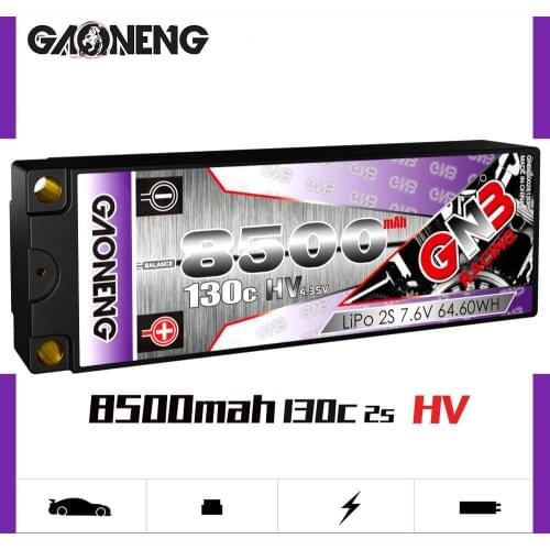 Gaoneng GNB 8500mAh 2S 7.6V 130C/260C 6.0mm bullet Hardcase LiHV LiPo Battery pack with T or XT60 Plug for 1:10 1/10 RC Car Boat