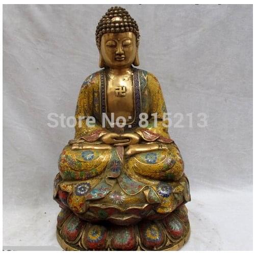 Bi001135 Tibet Buddhism Pure Bronze Copper cloisonne Amitayus Sakyamuni Buddha Statue