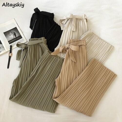 Pants Women Trousers Mujer Slacks Full Length Spring Autumn Drawstring Solid Wide Leg Pleated Baggy BF All-match Kawaii College