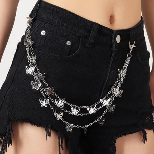 Punk Silver Color Three Layer Pants Waist Chain Unisex Key Chain For Women Men Hip-hop Trendy Jewelry Hollow Butterfly Keychain