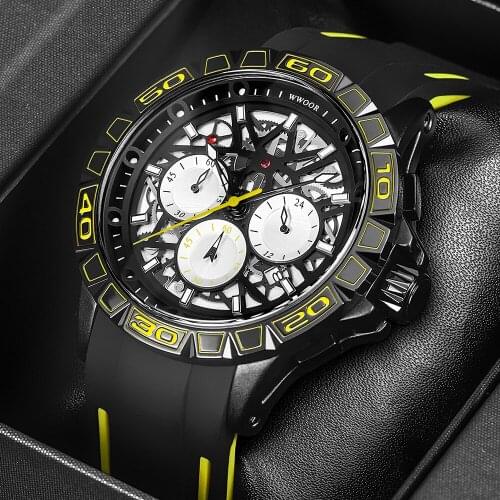 WWOOR 2021 New Fashion Skeleton Men Watch with Silicone Cool Sports Quartz Wristwatches For Men Casual Waterproof Creative Clock