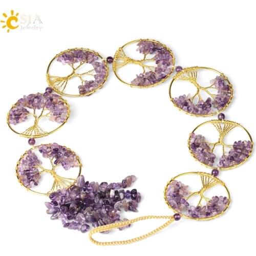 CSJA 7 Chakra Natural Stone Car Hanging Decoration Amulet Healing Reiki Golden Color Round Tree of Life Weaving Home Decor G768