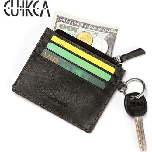 CUIKCA Unisex Wallet Women Men Purse Slim Leather Wallet Zipper Coins Purse with Key Ring Credit Cards Holders ID Card Cases
