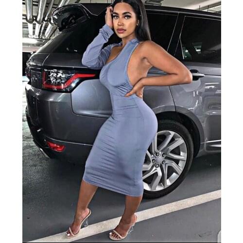 Fashion Streetwear Solid One Shoulder Long Sleeve Halter Sexy Halter Backless Dress Elegant Club wear Party Bodycon Dress Robe
