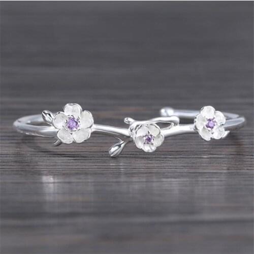 New Creative Fashion Bracelets Flower 925 Sterling Silver Jewelry Three Lotus Flowers Purple Crystal Opening Bangles SB239