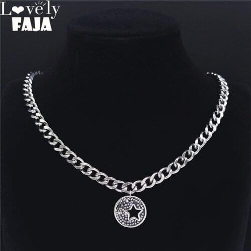 Star Stainless Steel Black Crystal Pendant Necklace Silver Color Chokers Necklaces Jewelry collier acier inoxydable N4870S03