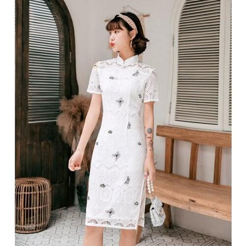 Sexy Slim High Split Chinese Dress Women White Short Qipao Elegant Lace Embroidery Cheongsam Lady Traditional Chinese Vestidos