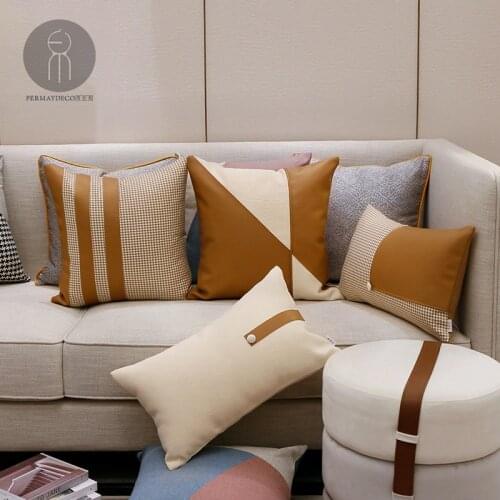 PU and Cloth Patchwork Lumbar Pillow with Inner Modern Gemetric Cushion Cover Home Office Hotel Decor Bed Dakimakura Pillow Case