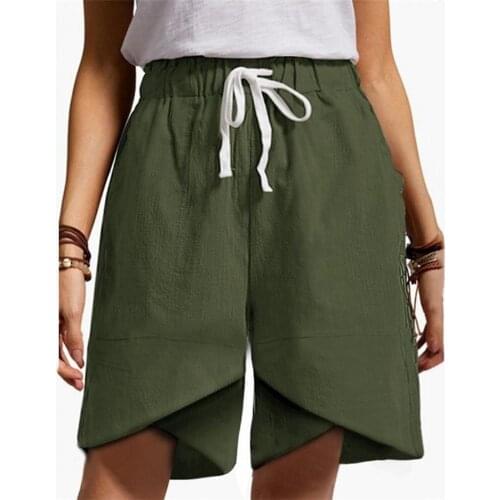 Plus Size Women Shorts Loose Drawstring High Waist Wide Leg Cotton Flax Machine Wash Summer Office Lady Knee Length Shorts