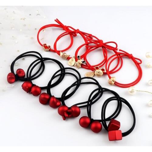 Girl Red Matte Pendant Hair Band Accessories Lucky Rope Elastic Hair Ties & Bracelet Women Cartoon Animals Heart Cube Scrunchies