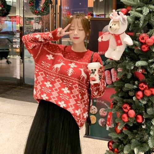 AECU 2021 Christmas Sweater For Women Winter Ugly Sweater Warm Knitted Jumpers Pullovers Knitwear Snowflake Elk Print Sweaters