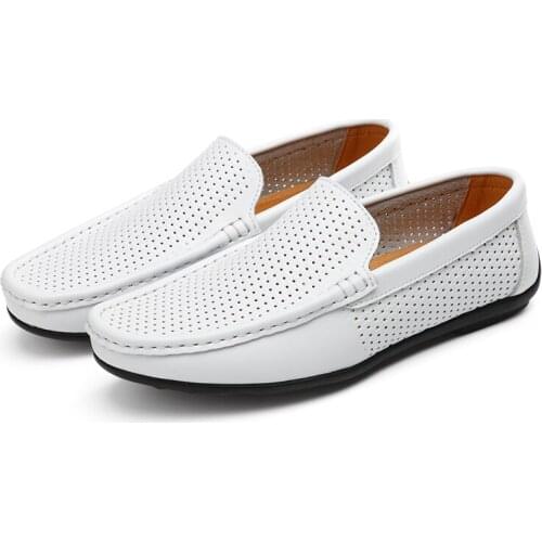 Summer Genuine Leather Mens Shoes Casual Luxury Brand Men Loafers Hollow Out Breathable Driving Shoes Slip On Moccasins