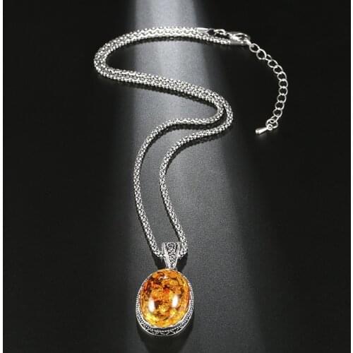 Wbmqda Oval Flower Simulated Ambers Necklace For Women Antique Silver Plated Pendant Stainless Steel Chain Boho Jewelry