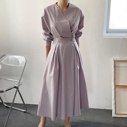 Korean Chic Temperament V-neck Cross Belt Patchwork Fake Two-piece Pleated Dress Long Vintage Plus Size Vestidos Gentle Slim