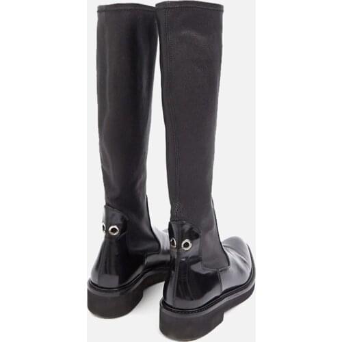 MUMANI Woman‘s Knee-Hig Boots Black Leather Pointed Toe Flat with Heel Thin Elasticity British Style Footwear Handmade Shoes