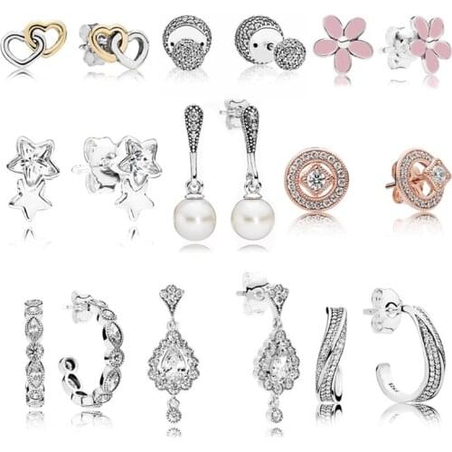 925 Sterling Silver Rose Vintage Allure Elegant Beauty Pearl Drops Heart to Heart Star Pandora Earrings For Women Jewelry Gift