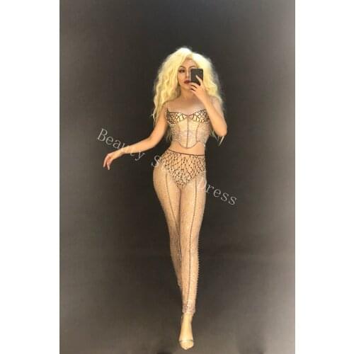 Womens Sparkly Rhinestone Rivet Sexy Jumpsuit Birthday Party Bodysuit Female Singer Nightclub Dance DJ Stage Show Costume