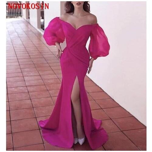 Puffy Long Sleeves Sexy Plus Size Evening Dresses Women 2020 V-neck Satin Side Slit Sweep Train pageant Mermaid Robe De Soiree