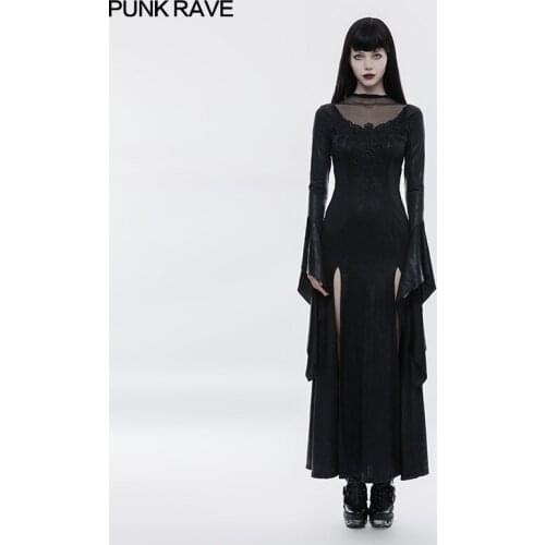 PUNK RAVE Women Long Dress Gothic Gorgeous Party Vintage High CrossLace Mesh Sexy Dress Cosplay Witch Dresses