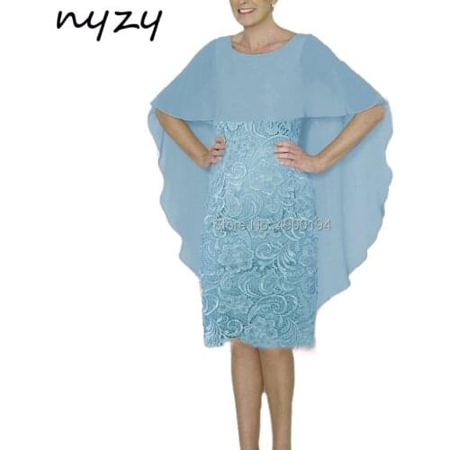 NYZY M46 robe de cocktail pour mariage Lace Knee Length Cape Sleeves Short Mother of the Bride Dresses Groom Mother Outfits Blue