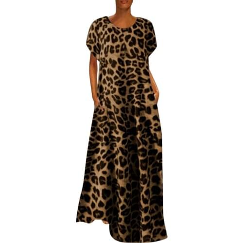 Leopard Printed Women Plus Size Print Daily Casual Short Sleeve O Neck Dress Round Collar Ankle-length Jurken Oversized Robe