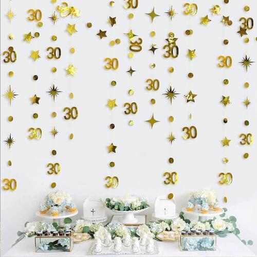 Gold 30th Birthday Decorations Paper Number 30 Circle Dots Twinkle Star Garlands Hanging Backdrop for Her Birthday 30 Year Old