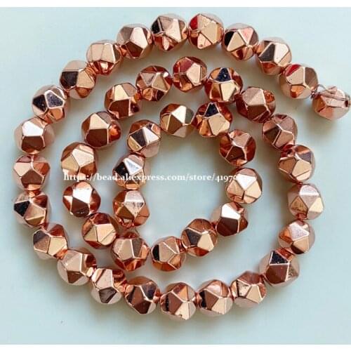 15" Natural Stone Shining Big Cuts Faceted Hematite Rose Gold Plated Loose Beads 6 8 10 MM Pick Size