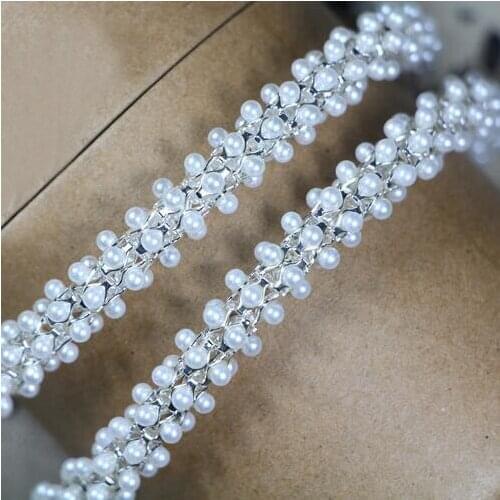 2yards Off White Pearl Beaded Chain Lace Trims DIY Handmade Wedding Dress Belt Clothes Accessory Decoration Material Applique