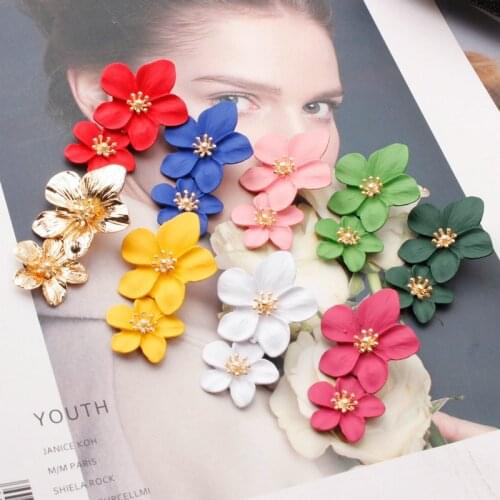 2020 1 Pair Big Double Flower Drop Earrings Summer Beach Party Metal Statement Earring for Woman Fashion Jewelry Girl Gift