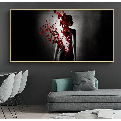Abstract Nude Woman with Rose Flowers Canvas Painting Posters and Prints Cuadros Wall Art for Living Room Home Decor (No Frame)