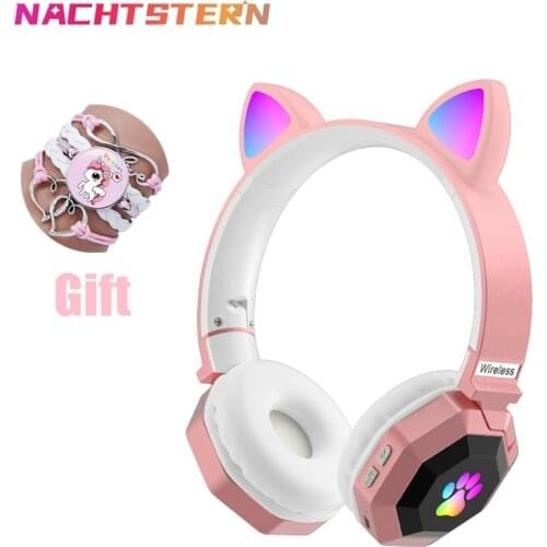 Wireless cute cat ear Headphone Bluetooth 5.0 Headset LED stereo music Helmet Mobile phone with Mic Flash Earphone Children Gift