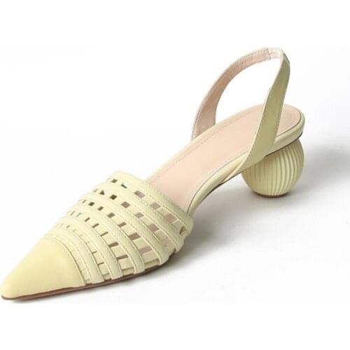 New summer fashion womens sandals really leather comfortable shoes shaped Mid heels pointed toe sandals women shoes size34-40