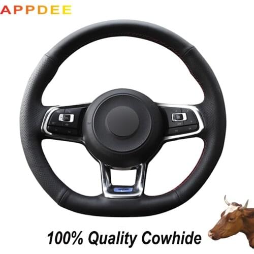 APPDEE Black Genuine Leather Car Steering Wheel Cover for Volkswagen Golf 7 GTI Golf R MK7 VW Polo GTI Scirocco 2015 2016