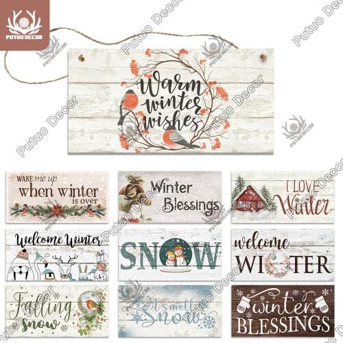Putuo Decor Winter Wooden Sign Rustic Garden Hanging Plaque Gift Tag for Wooden Wall Sign Backyard Wall Art Home Decoration