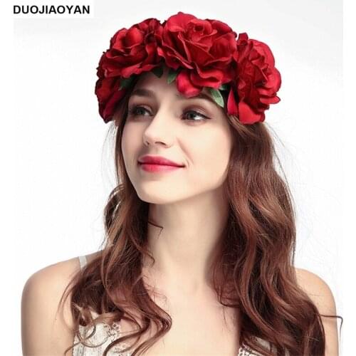 DUOJIAOYAN handmake artifical flower headband wedding birdal wreath festival accessories colorful rosehair band for women girls