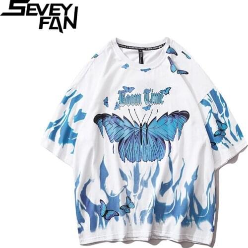 SEVEYFAN Fashion Butterfly Printed T-shirt Mens Hip Hop Tees Short Sleeve Cotton Tees for Couples