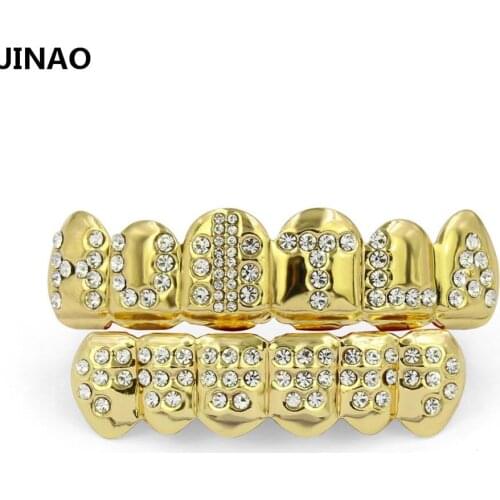 JINAO Gold Color Plated Iced Out Letter CZ Rhinestone Hip Hop Teeth GRILLZ Caps Top & Bottom Grills Set vampire Word tooth Grill