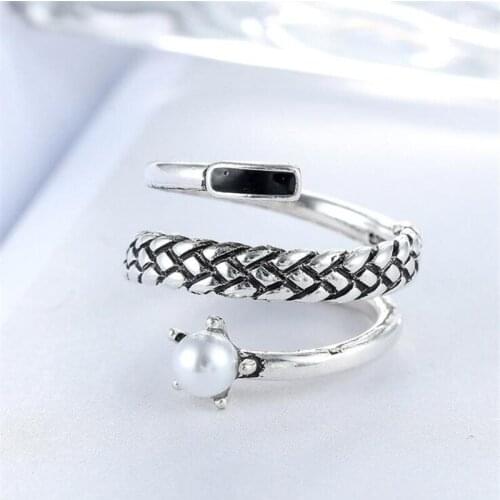 New Retro Personality Female 925 Sterling Silver Rings Serpentine Twist Pearl Multi-layer Epoxy Adjustable Rings Anillos SR278