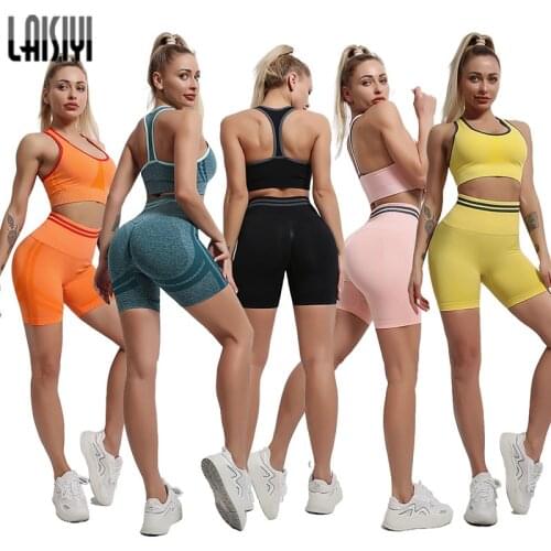 Seamless Suits Women Gym Set Workout Leggings Sport Shorts Bra Gym Clothing Short Crop Top High Waist Running Leggins Sportswear