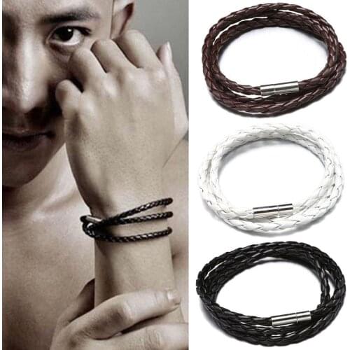 Unisex Leather Wristband Interlaced Cuff Bangle Wrap Around Rope Bracelet three colors