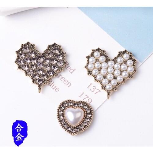50pc Anti-Gold color Alloy Material Crystal/Pearl Heart Shape Charm For DIY Clothing/Hair Wedding Handmade Jewelry Making