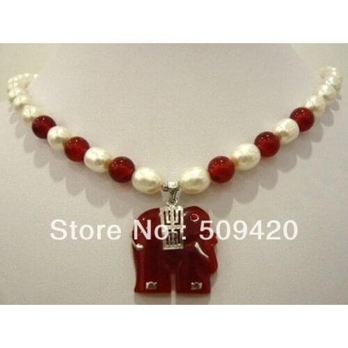 White pearl & red necklace elephant pendant 18"