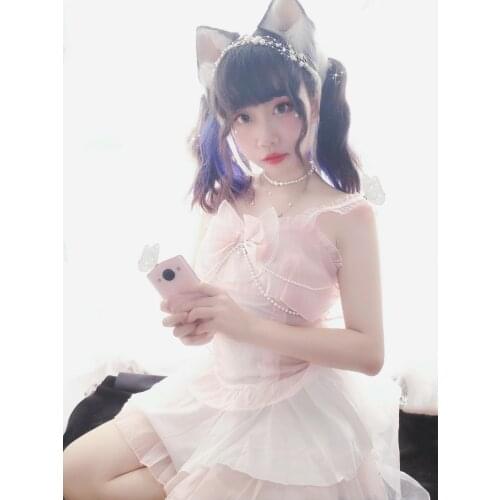 Lovely Soft Girl Pink Lolita Girl Suspenders Dress Fairy Chiffon Big Bow Pearl Ultrashort Nightdress Cake skirt Underwear