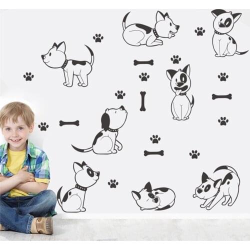 Lovely dog bone paw black wall stickers for kids rooms home decor cartoon animal wall decals pvc mural art diy poster