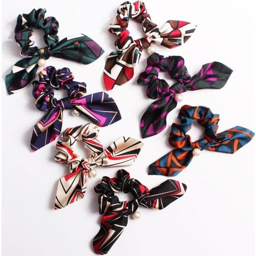 New Colorful Spring Romantic Lovely Flower Printed Bowknot Pearls Hair Rope Silk Ponytail Scrunchies Women Girl Hair Accessories