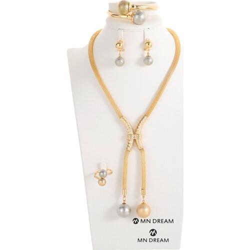 NEW African Wedding Jewelry Necklace Big Bead Pendant Earrings Ring Bracelet Gold Charm Women Bridal Jewelry Sets Accessories