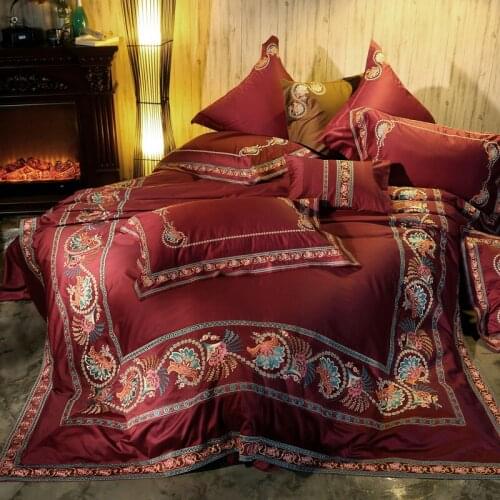 New Red 120S Egyptian Cotton Luxury Embroidery Bedding Set 4/6pcs King Queen Wedding Bed Sheet Cover set Duvet Cover Pillowcase