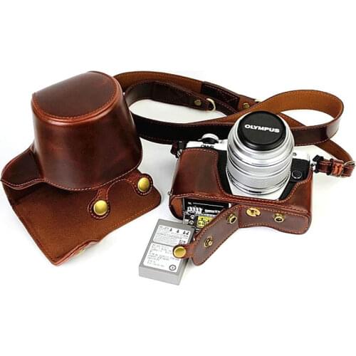 Luxury Leather Case Cover for Olympus EM10 II EM10 III E-M10 Mark II Mark III 14-42mm Lens Battery Opening with Camera Bag Strap