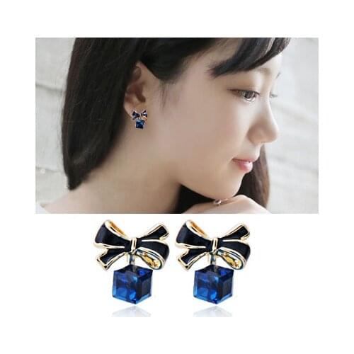 JIOFREE Korean Fashion Bow-knot Clip on Earring Cubic Green Blue Crystal No Hole Earrings Jewelry for Women
